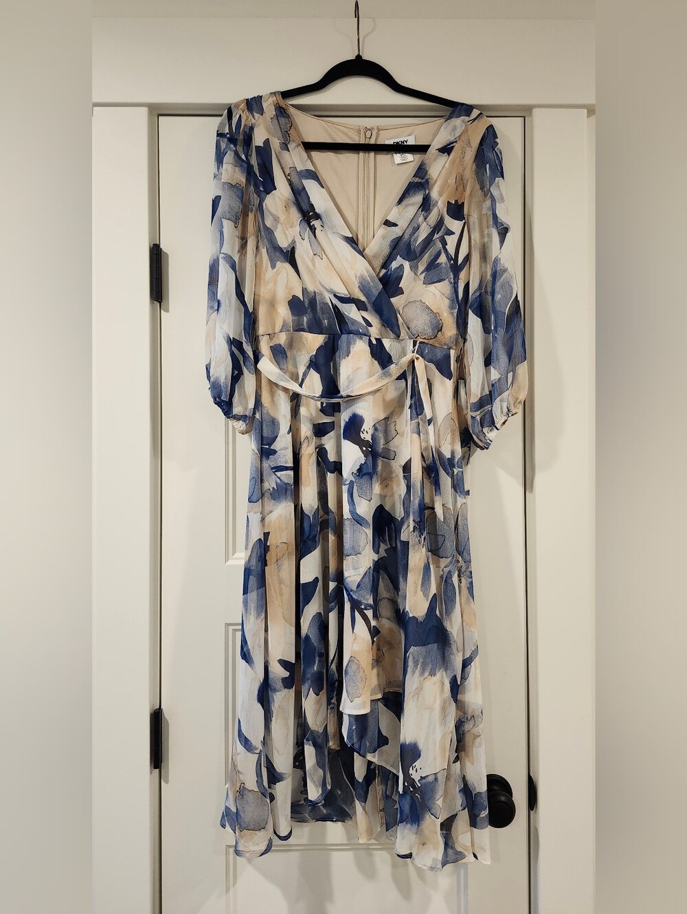DKNY Floral Wrap Midi Dress in Blue and Cream